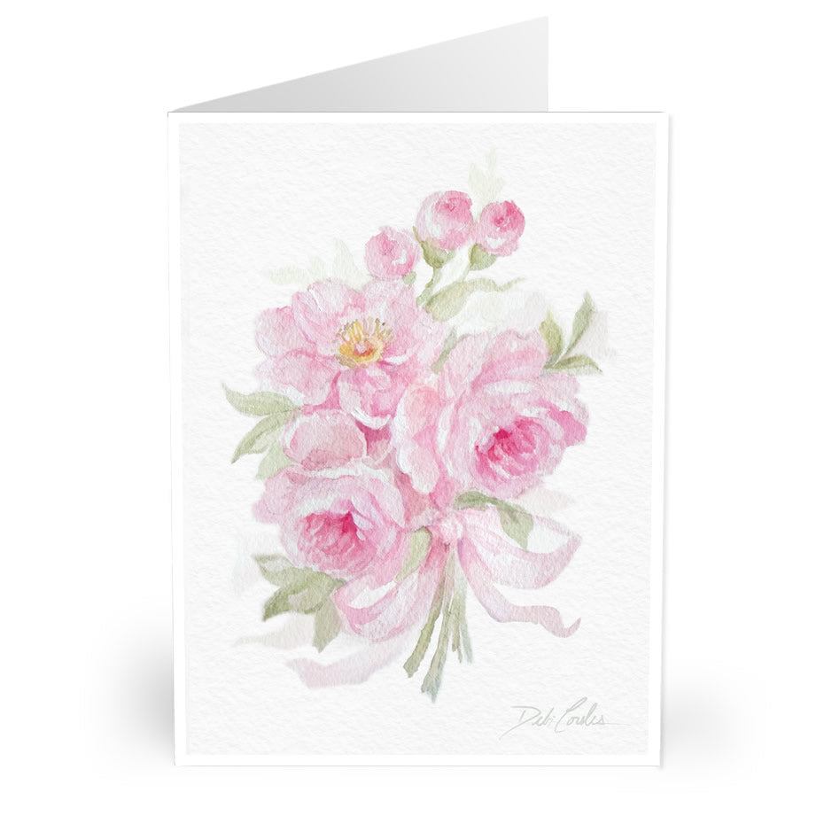 Valentines Day card featuring a pint rose bouquet painted in watercolor