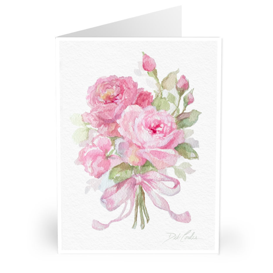 Valentines card featuring a watercolor bouquet of pink roses