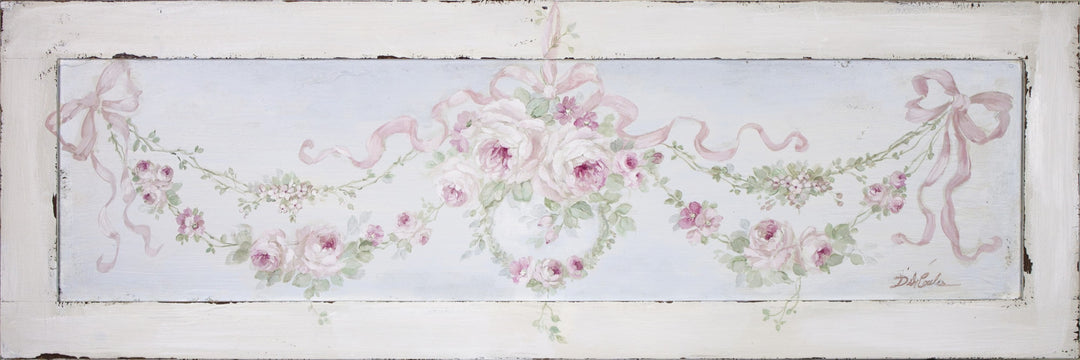 Decorative panel with rose garland design and ribbons on a light blue background
