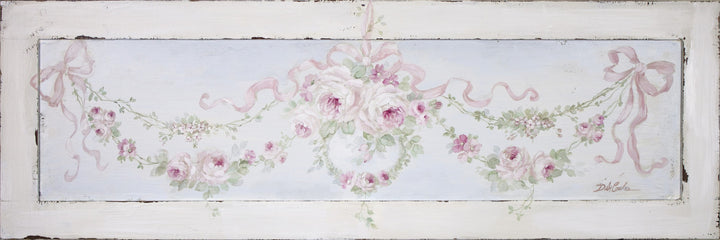 Decorative panel with rose garland design and ribbons on a light blue background