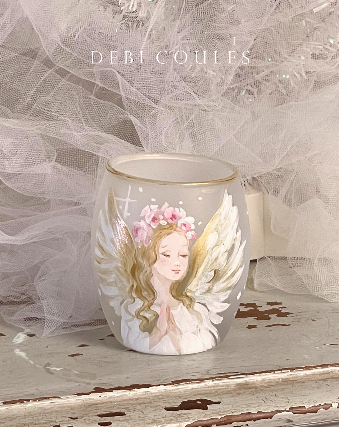 Original Hand-Painted Large Frosted Glass Angel Votive – Praying Angel with Roses and Gold Leaf by Debi Coules