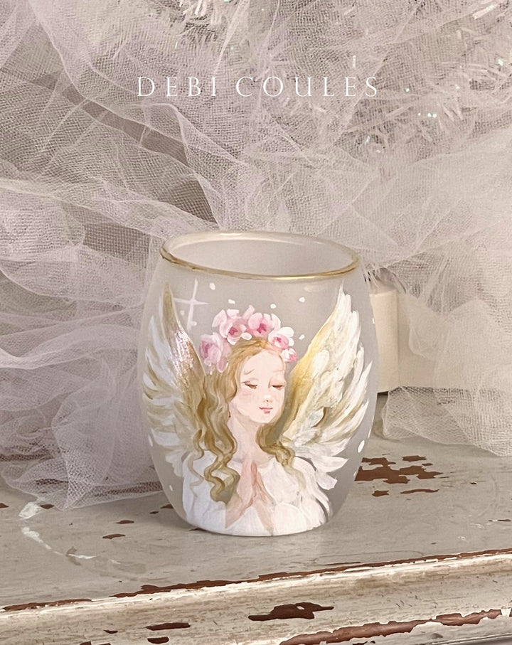 Original Hand-Painted Large Frosted Glass Angel Votive – Praying Angel with Roses and Gold Leaf by Debi Coules