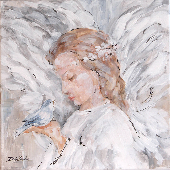 Shabby chic artwork featuring an angel holding a bluebird