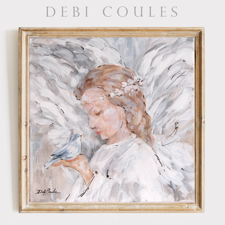 Framed print of a beautiful angel holding a bluebird painted in a rustic style