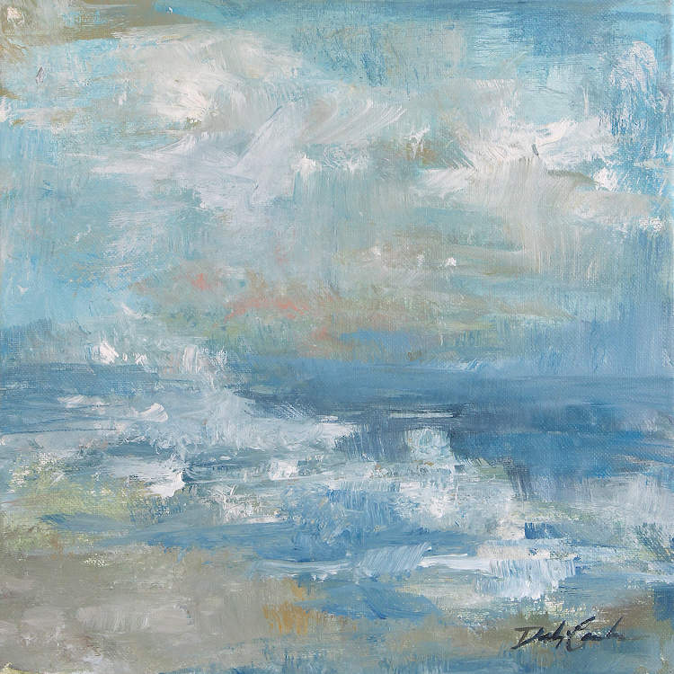 A canvas print featuring an impressionistic beach scene with blue and white waves and a clear sky.