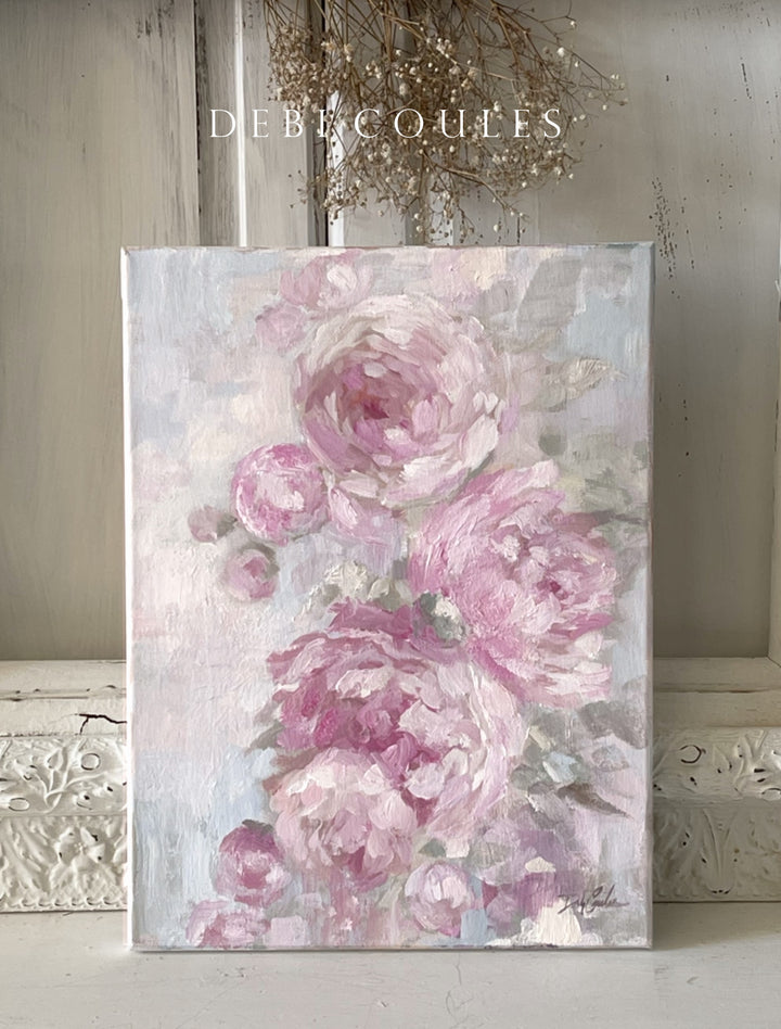 Shabby Chic "Peony Flowers" Pink Peonies Original Canvas Painting by Debi Coules