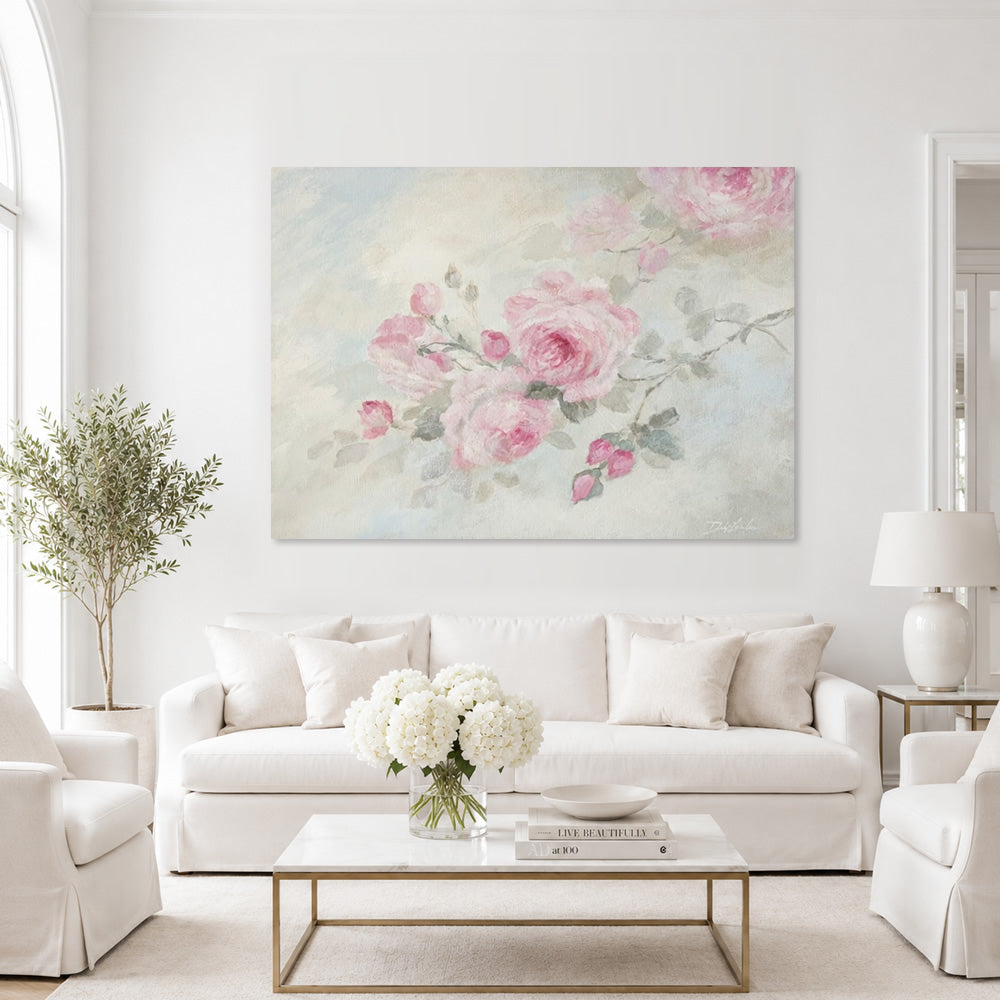 Rose artwork hanging in a modern living room.
