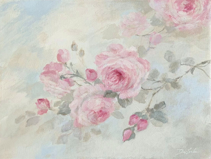 Original painting of vintage-styled cottage roses painted in pale pinks over a French blue and sage green background.