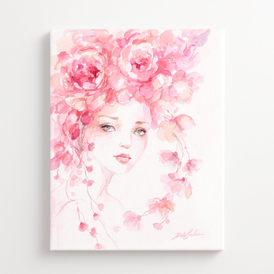 Artistic depiction of a woman's face surrounded by pink flowers on a white background
