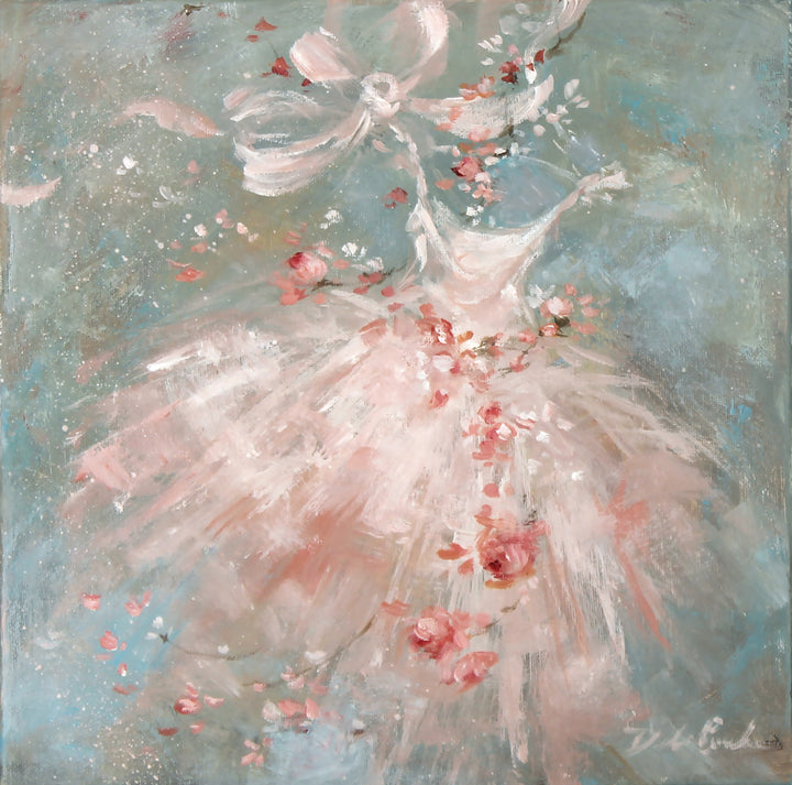 Painting of a peach pink tutu dress with flowers on a light blue background and rococo color scheme.