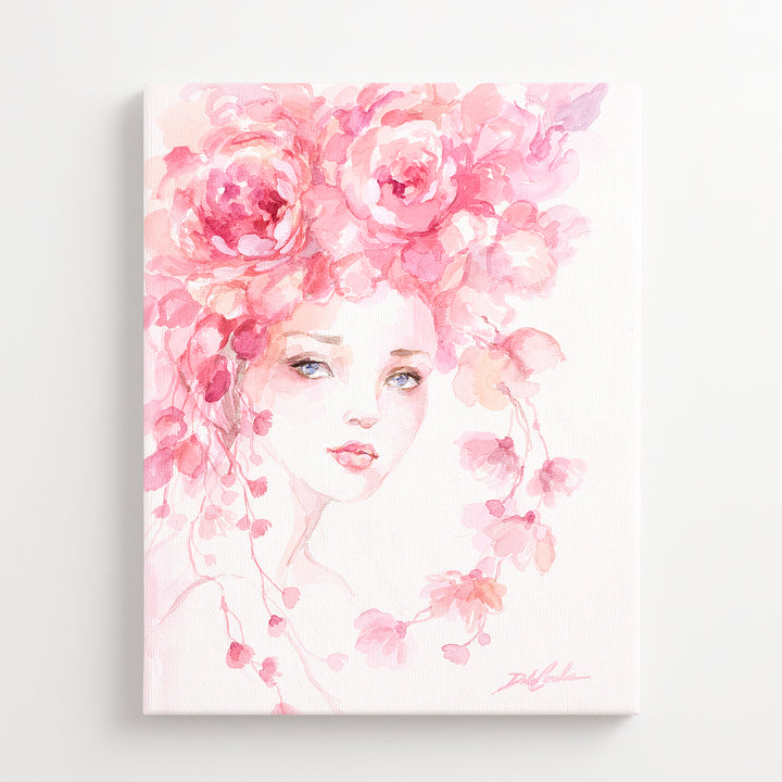 Artistic depiction of a woman's face surrounded by pink flowers on a white background