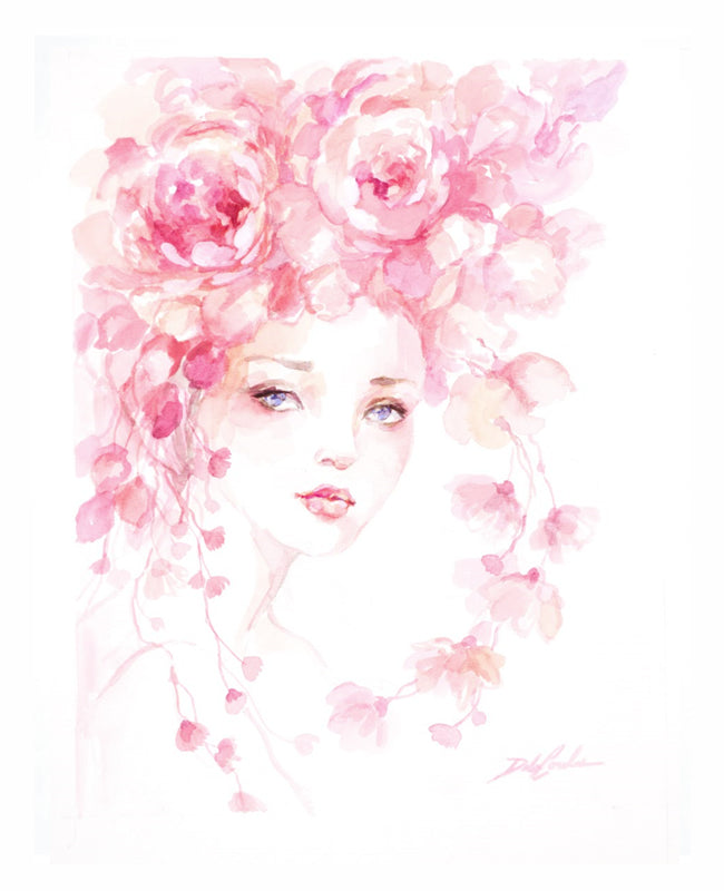 Artistic illustration of a beautiful young woman with an enormous headdress of blooming roses