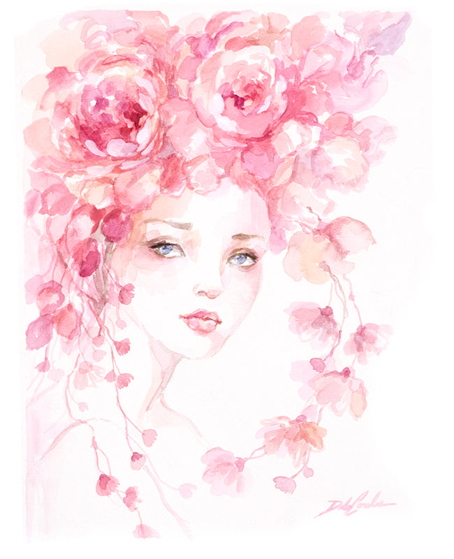 Wwatercolor illustration of a woman's face surrounded by pink roses on a white background
