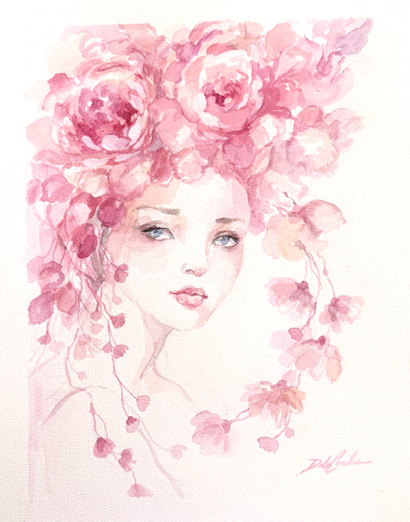 Original watercolor paintings of a woman's face surrounded by pink flowers on a white background
