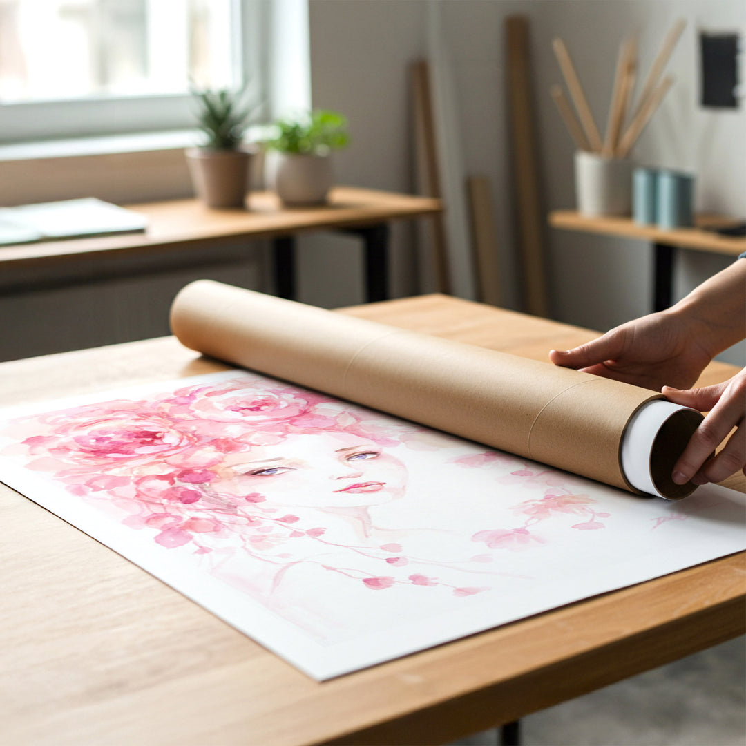 Person unrolling a shabby-chic fashion artwork from a cardboard mailing tube.