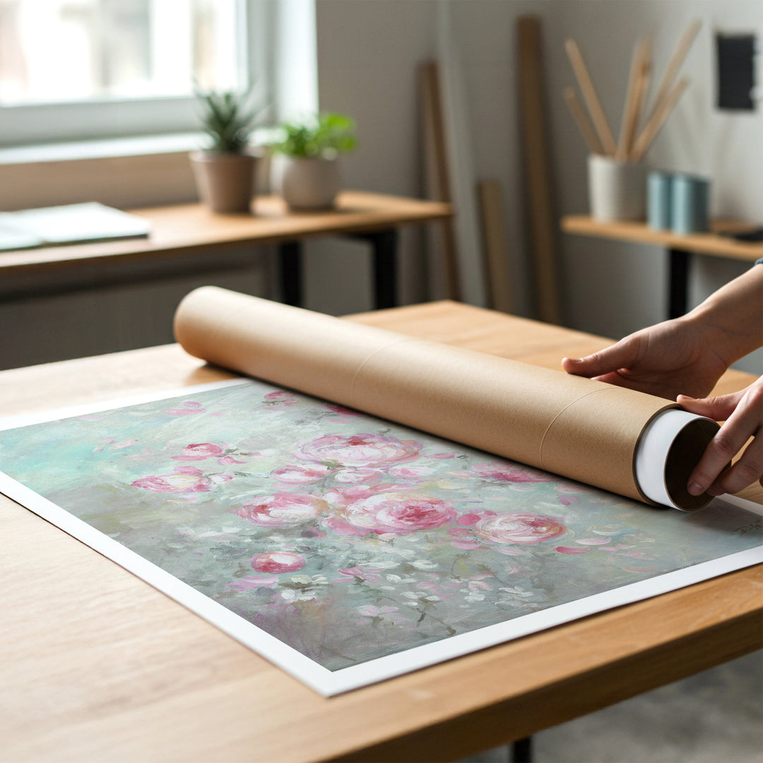 A person rolling up an unstretched canvas print of shabby-chic wild roses to place in a cardboard mailing tube.