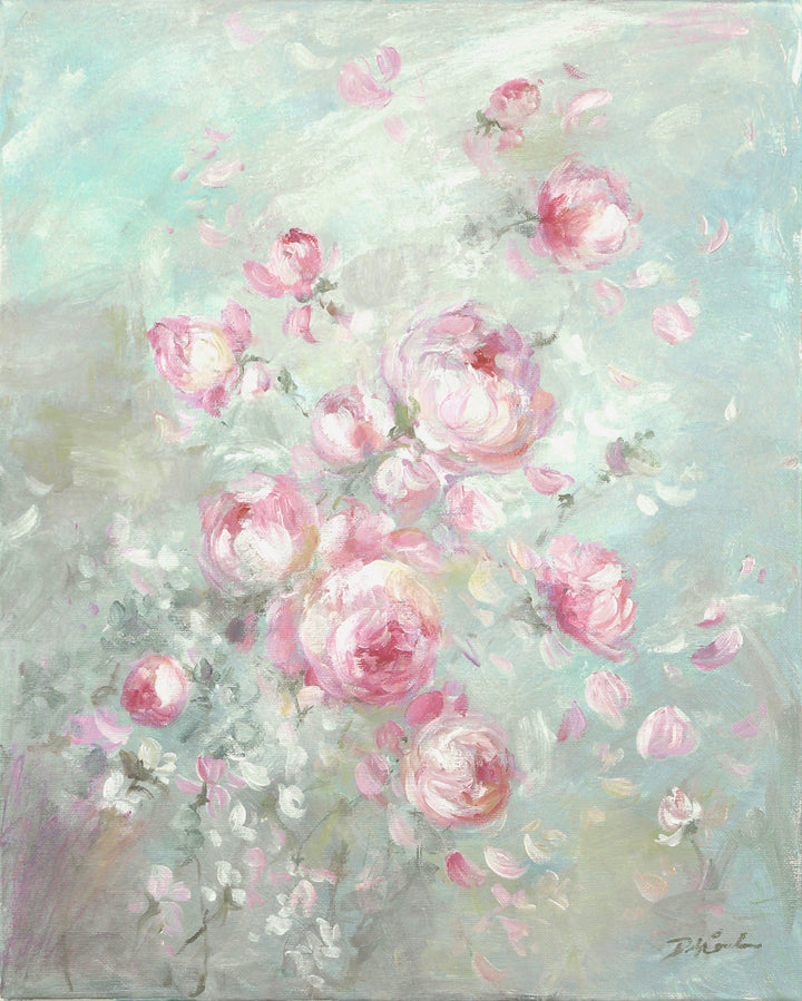 Painting of pink roses on a light blue background