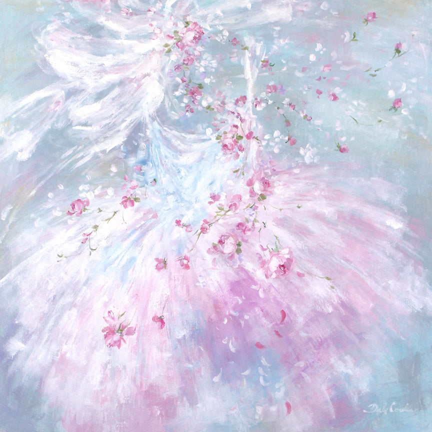 A canvas print featuring a ballet tutu in whites, creams, and blush with apricot roses and a white wildflower wreath, signed by Debi.