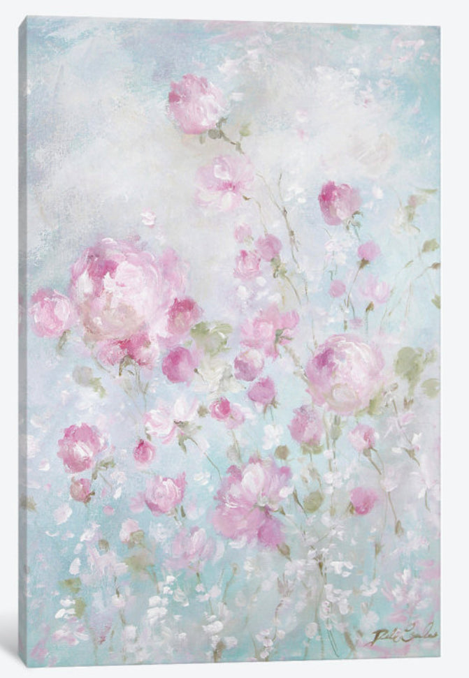 Canvas print with pink floral design on a light blue background