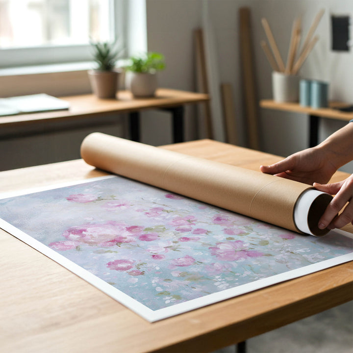 A person rolling up an unstretched canvas print of shabby-chic pink roses to place in a cardboard mailing tube.