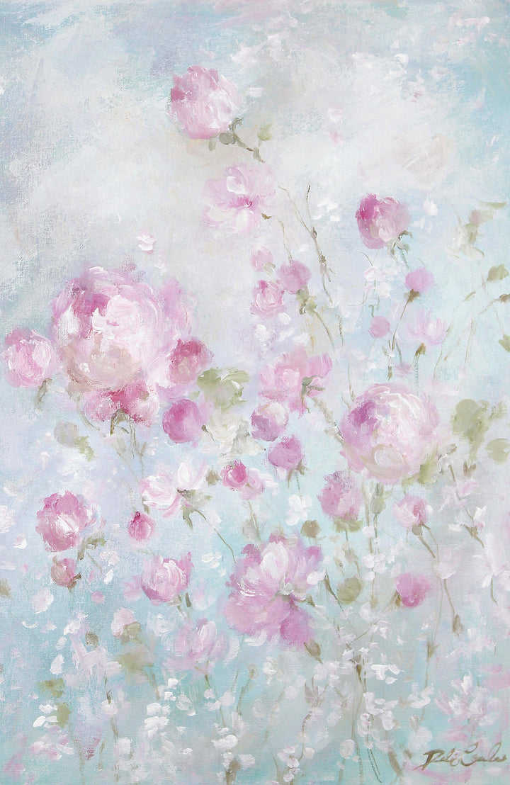 Painting of pink wild roses on a light blue background