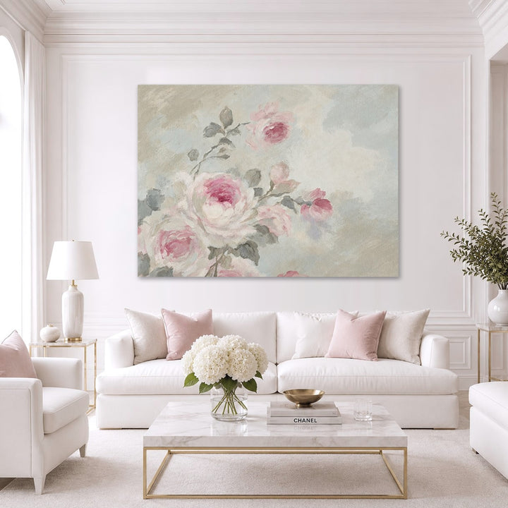 "Whispers on the Morning Air" – Blush Pink Rose Floral Art Print | Romantic Cottagecore Wall Art | Canvas or Paper Print