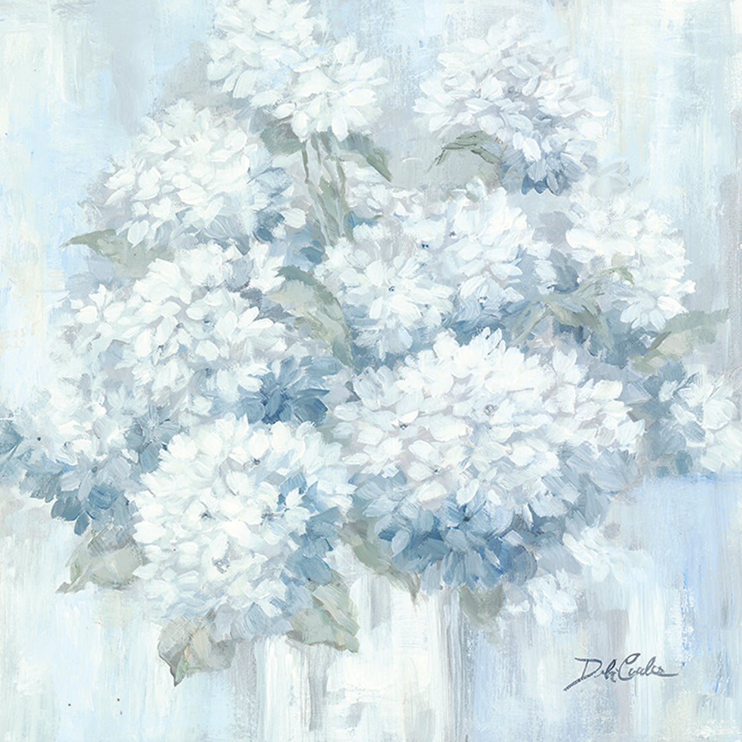 Impressionist painting featuring blossoming white hydrangeas overflowing a white vase.