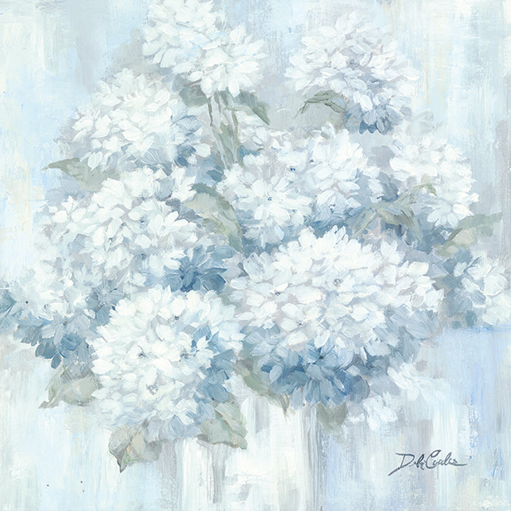 Impressionist painting featuring blossoming white hydrangeas overflowing a white vase.