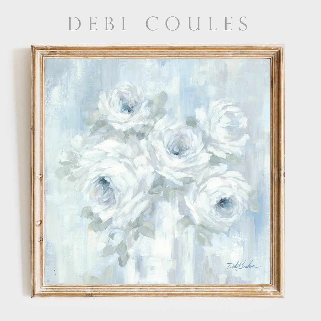 Framed paper print of white and blue roses painted by Debi Coules