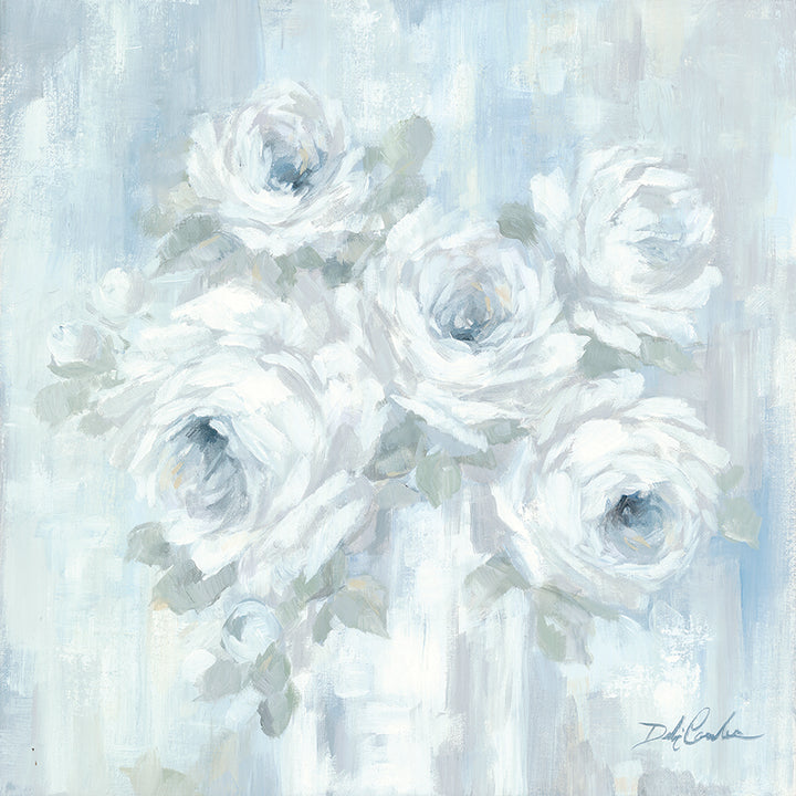 Impressionist painting of white and blue rose bouquet filling a white vase