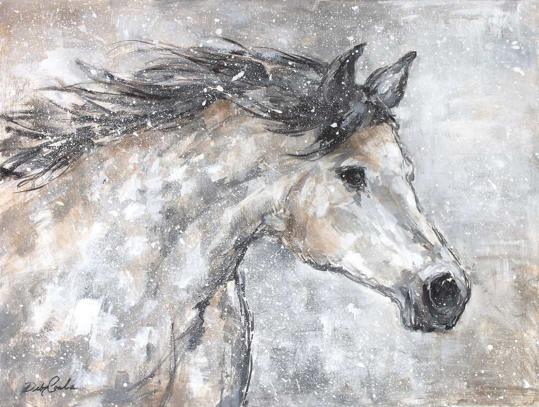 Artistic depiction of a horse running in the snow, neutral tone gray and beige to match with a modern farmhouse interior design.