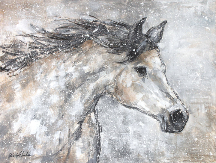 Artistic depiction of a horse running in the snow, neutral tone gray and beige to match with a modern farmhouse interior design.