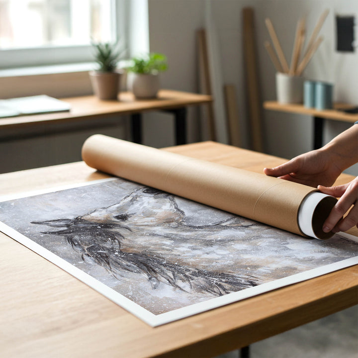 A person rolling up an unstretched canvas print of shabby-chic wild horse running in the snow to place in a cardboard mailing tube.
