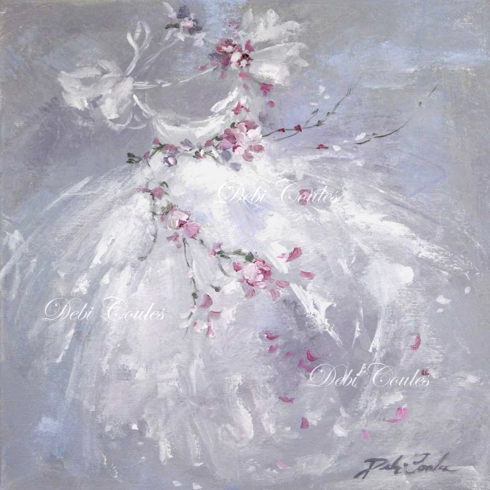 An impressionist painting of a ballerina white dress dancing in the wind. The background is purple and lavender, and pink roses are wrapped around the white tutu