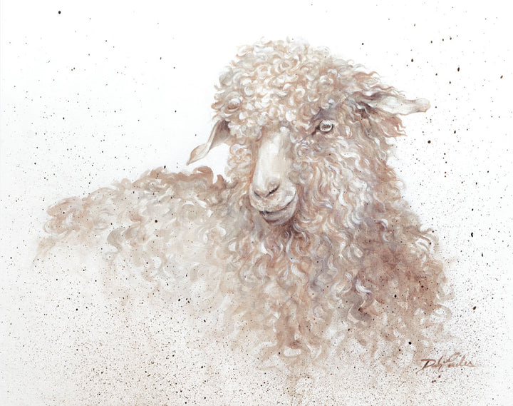 Painting of a European Devon Cornwall Longwool sheep on stark white canvas and accented with chaotic paint splatter. A contemporary art piece painted in neutral tones that works well with rustic or modern farmhouse interiors. 