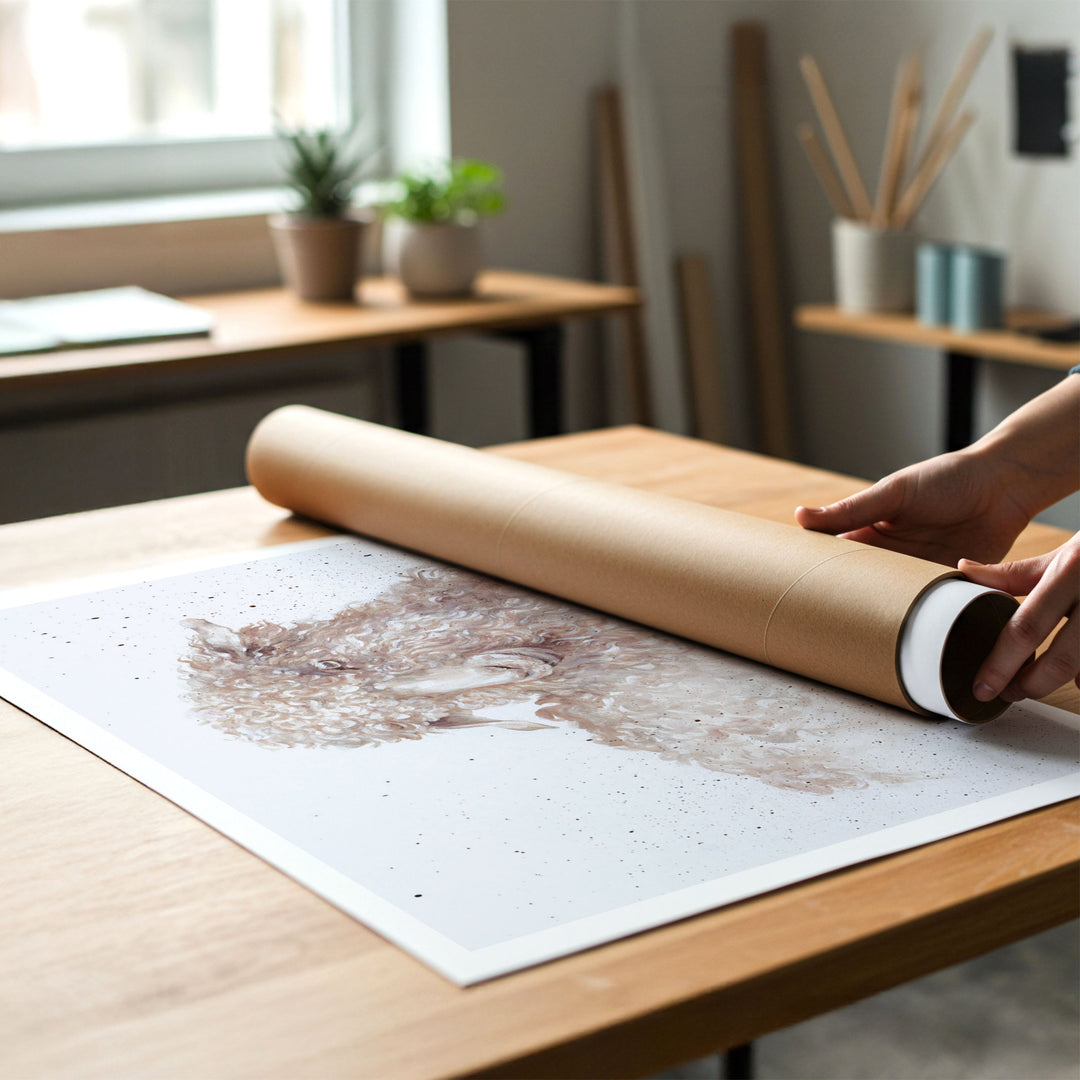Person rolling up a canvas print of modern farmhouse painting of a longwool sheep to put in a cardboard mailing tube.