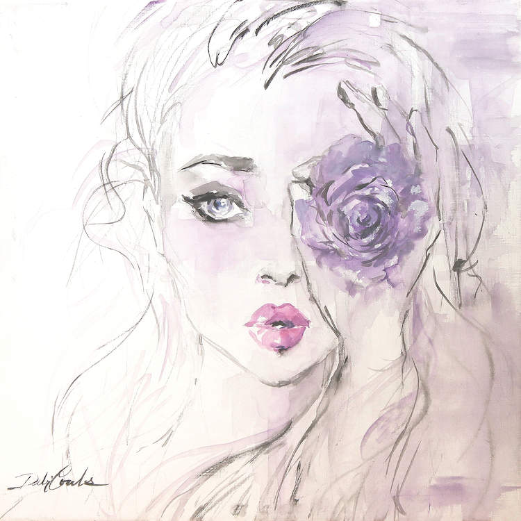 Artistic balck and white  illustration of a woman's face holding a purple rose over her eye