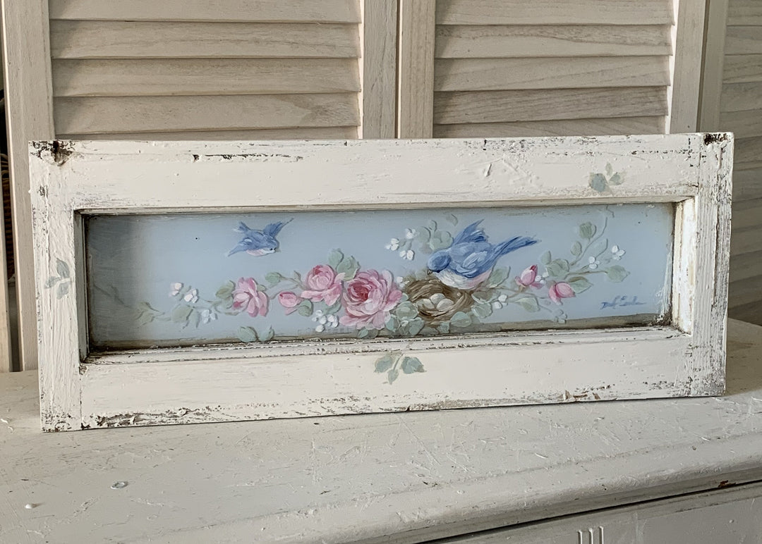 Romantic Antique Window with Bluebirds Nest and Roses by Debi Coules