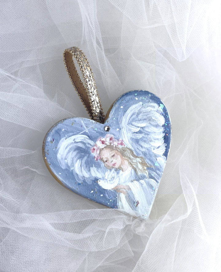 Shabby Chic Christmas Angel Holding Dove Ornament and Swarovski Crystal by Debi Coules