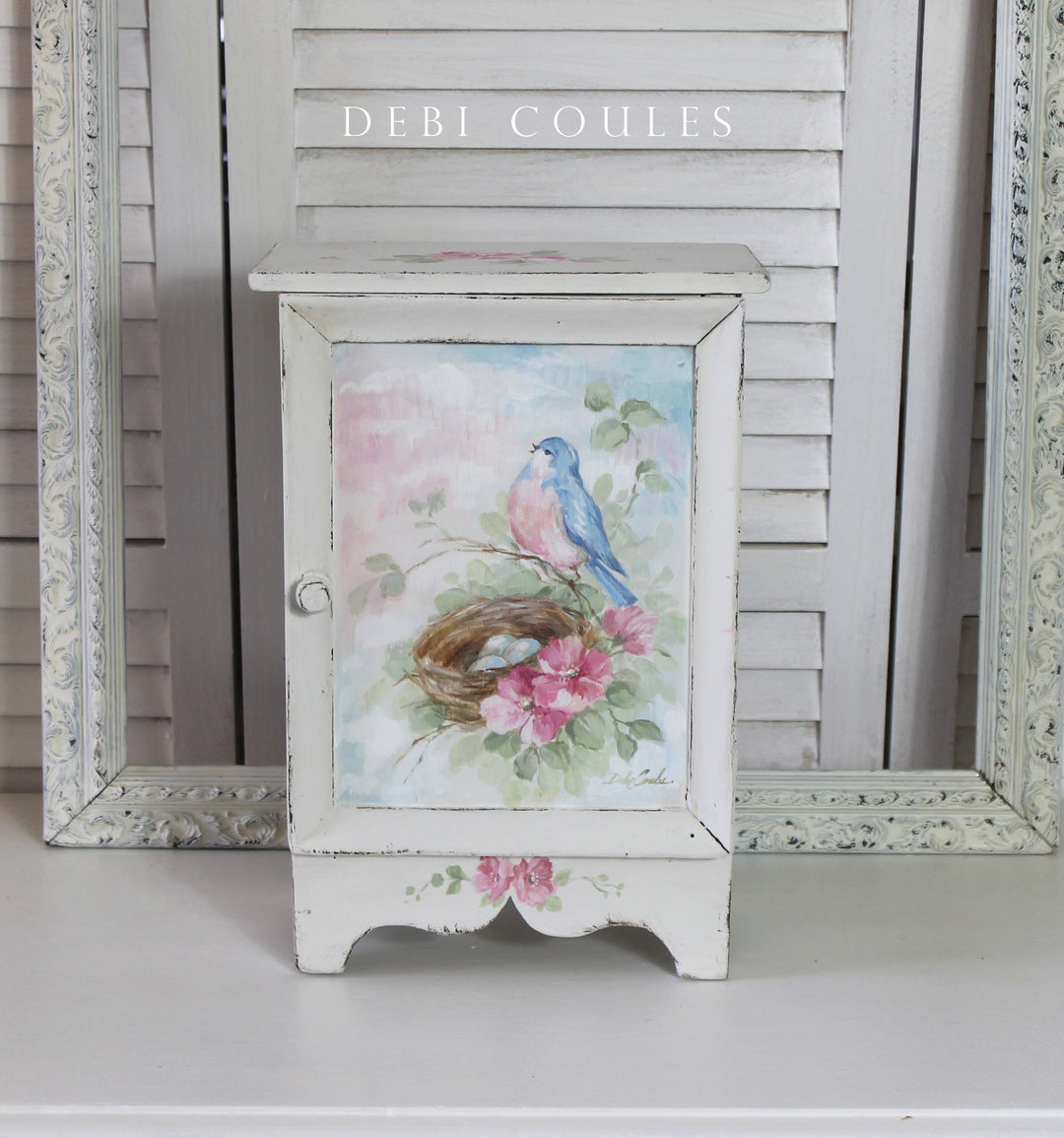 Shabby Chic Antique jewelry Cabinet Bluebird and Roses Romantic Cottage by Debi Coules
