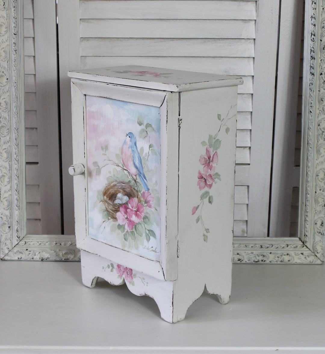 Shabby Chic Antique jewelry Cabinet Bluebird and Roses Romantic Cottage by Debi Coules