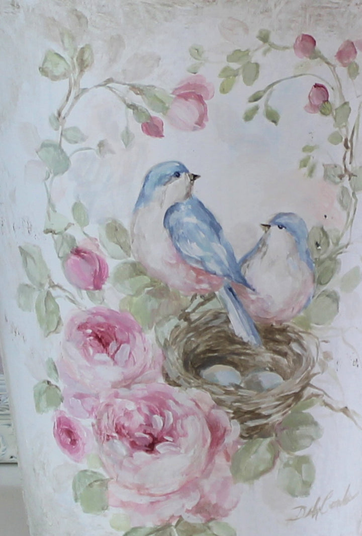 Shabby Chic Romantic Cottage French Floral Bucket Bluebird Roses and Nest Original by Debi Coules