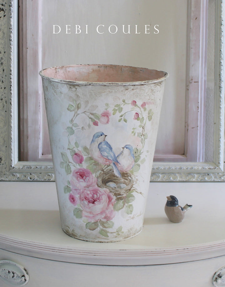 Shabby Chic Romantic Cottage French Floral Bucket Bluebird Roses and Nest Original by Debi Coules