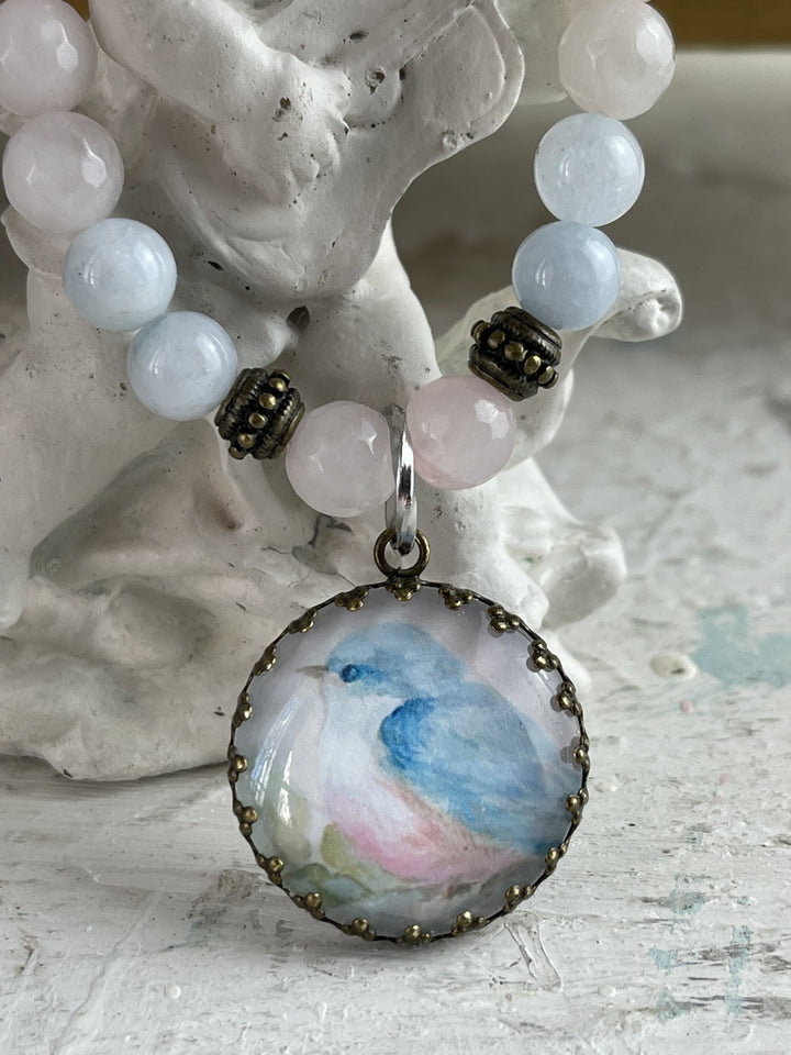 Shabby Chic Romantic Bluebird Charm Bracelet Rose Quartz and Aquamarine Quartz by Debi Coules Boho