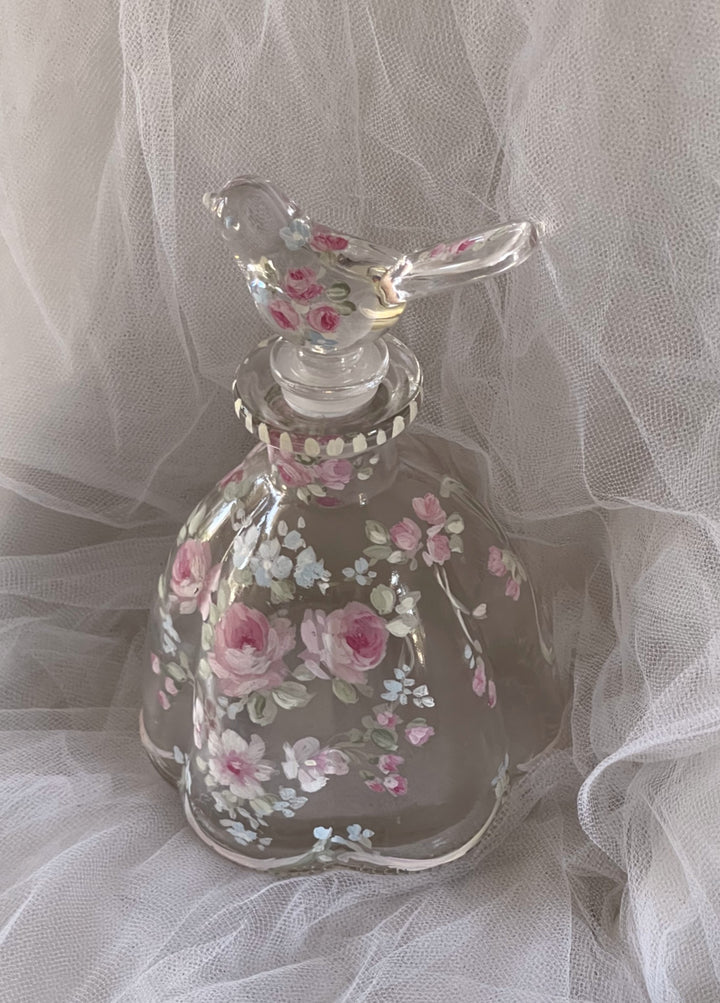 Shabby Chic French Roses Hand Painted Scalloped Edge Glass Perfume Bottle With Glass Bird Topper by Debi Coules