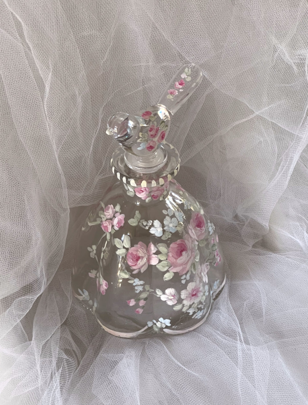 Shabby Chic French Roses Hand Painted Scalloped Edge Glass Perfume Bottle With Glass Bird Topper by Debi Coules