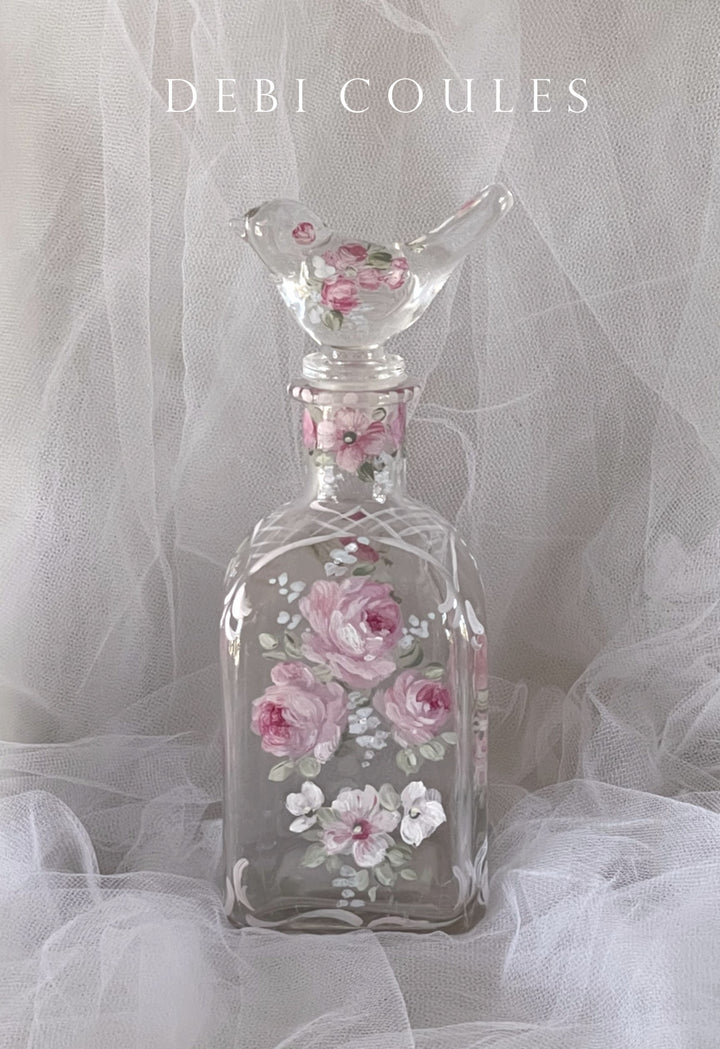 Shabby Chic French Roses Hand Painted Glass Perfume Bottle With Glass Bird Topper by Debi Coules