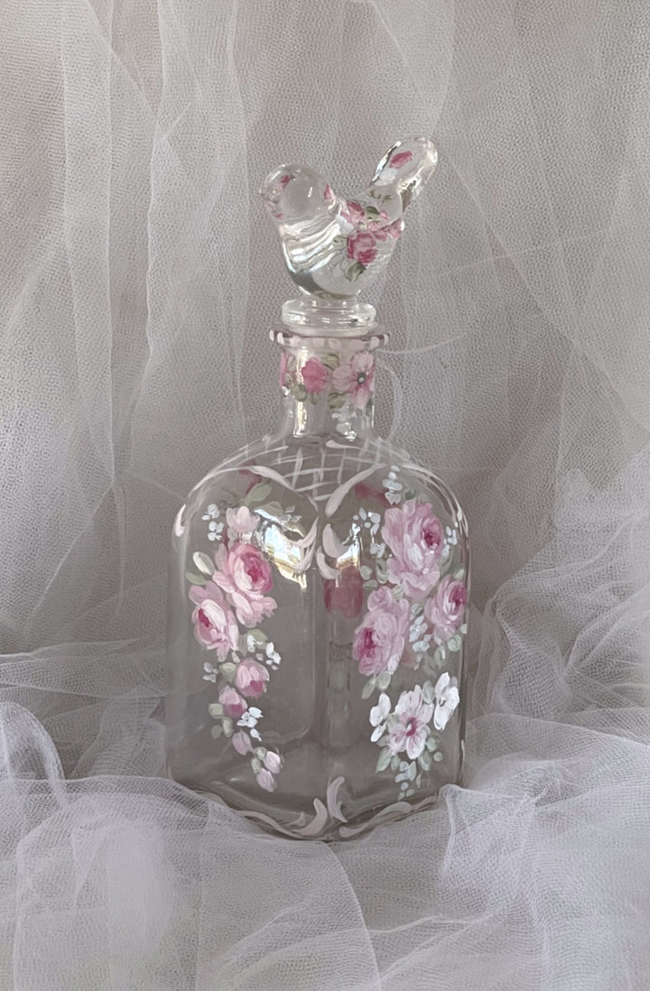 Shabby Chic French Roses Hand Painted Glass Perfume Bottle With Glass Bird Topper by Debi Coules