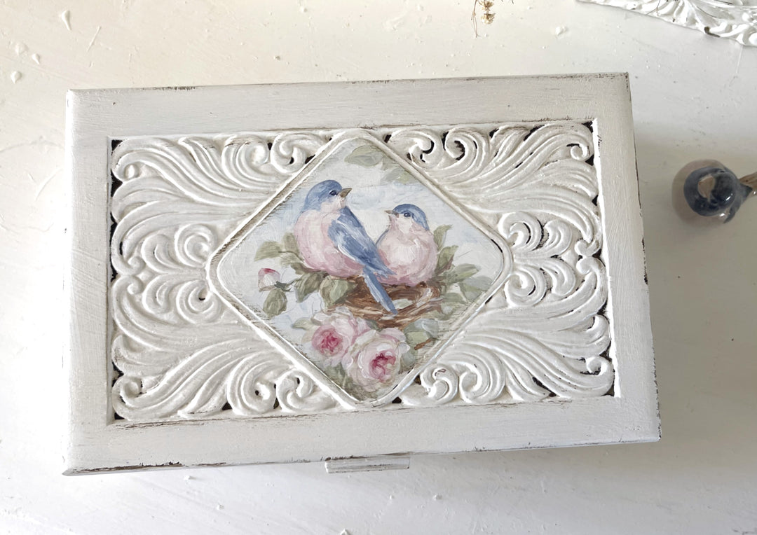Shabby Chic Vintage Bluebird Roses and Nest with Eggs Box with Mirror Original by Debi Coules
