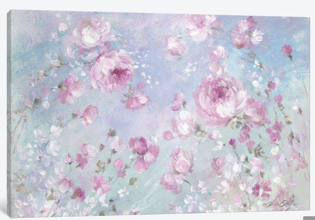Blooming Roses Canvas Print, Wild roses swaying to a fro in the afternoon breeze, light and dark pinks, purples with whitish overtones, long green stalks emerge from a blanket of wild flowers, back drop is blue sky with faint white clouds, perfect for a shabby chic, rustic farmhouse, french farmhouse, or cottage home. Elegant art by Debi Coules